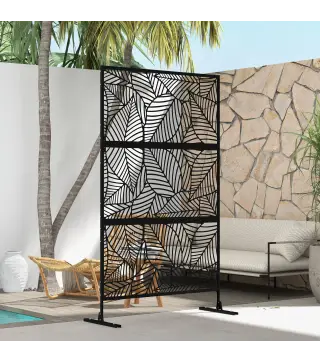 Biombo de 3 Paneles 122x198 cm Biombo Separador de Ambientes con Soporte Diseño de Hojas Grandes Negro