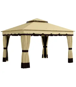 Cenador de Jardín 370x300x275 cm con 4 Cortinas Laterales 4 Mosquiteras Doble Techo Impermeable y Anti-UV Beige