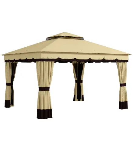 Cenador de Jardín 370x300x275 cm con 4 Cortinas Laterales 4 Mosquiteras Doble Techo Impermeable y Anti-UV Beige