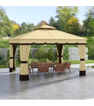 Cenador de Jardín 370x300x275 cm con 4 Cortinas Laterales 4 Mosquiteras Doble Techo Impermeable y Anti-UV Beige