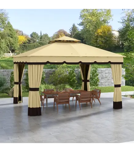 Cenador de Jardín 370x300x275 cm con 4 Cortinas Laterales 4 Mosquiteras Doble Techo Impermeable y Anti-UV Beige
