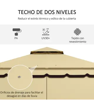 Cenador de Jardín 370x300x275 cm con 4 Cortinas Laterales 4 Mosquiteras Doble Techo Impermeable y Anti-UV Beige