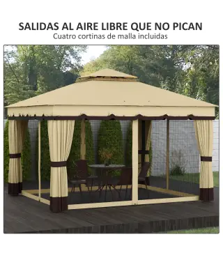 Cenador de Jardín 370x300x275 cm con 4 Cortinas Laterales 4 Mosquiteras Doble Techo Impermeable y Anti-UV Beige
