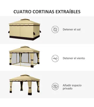 Cenador de Jardín 370x300x275 cm con 4 Cortinas Laterales 4 Mosquiteras Doble Techo Impermeable y Anti-UV Beige