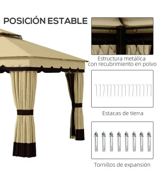 Cenador de Jardín 370x300x275 cm con 4 Cortinas Laterales 4 Mosquiteras Doble Techo Impermeable y Anti-UV Beige