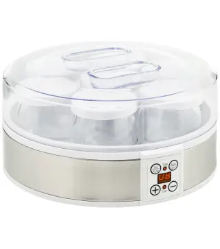 Máquina de Yogur con 7 Tarros de Cristal de 180 ml Termostato Ajustable Temporizador y Pantalla LED 24x24x13 cm Blanco