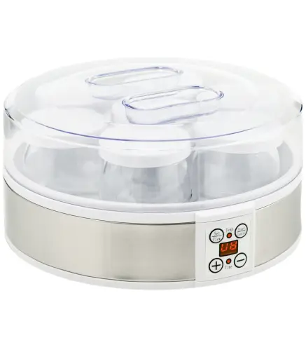 Máquina de Yogur con 7 Tarros de Cristal de 180 ml Termostato Ajustable Temporizador y Pantalla LED 24x24x13 cm Blanco