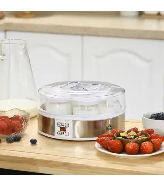 Máquina de Yogur con 7 Tarros de Cristal de 180 ml Termostato Ajustable Temporizador y Pantalla LED 24x24x13 cm Blanco
