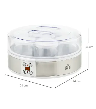 Máquina de Yogur con 7 Tarros de Cristal de 180 ml Termostato Ajustable Temporizador y Pantalla LED 24x24x13 cm Blanco