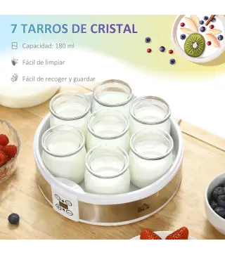 Máquina de Yogur con 7 Tarros de Cristal de 180 ml Termostato Ajustable Temporizador y Pantalla LED 24x24x13 cm Blanco