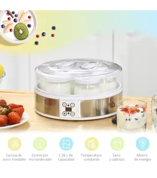 Máquina de Yogur con 7 Tarros de Cristal de 180 ml Termostato Ajustable Temporizador y Pantalla LED 24x24x13 cm Blanco