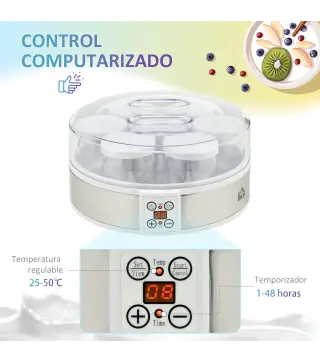 Máquina de Yogur con 7 Tarros de Cristal de 180 ml Termostato Ajustable Temporizador y Pantalla LED 24x24x13 cm Blanco