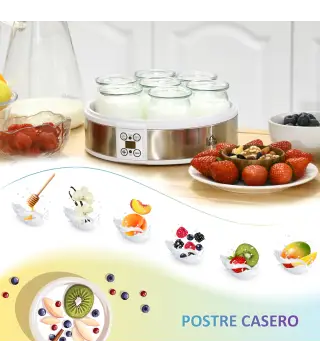 Máquina de Yogur con 7 Tarros de Cristal de 180 ml Termostato Ajustable Temporizador y Pantalla LED 24x24x13 cm Blanco