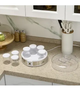 Máquina de Yogur con 7 Tarros de Cristal de 180 ml Termostato Ajustable Temporizador y Pantalla LED 24x24x13 cm Blanco