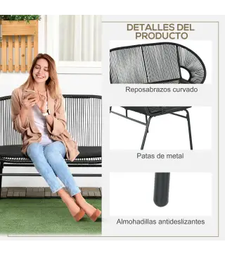 Banco Acapulco con Reposabrazos Cojines y Marco de Acero Carga 260 kg para Balcón Terraza Patio 132x72x83 cm Negro