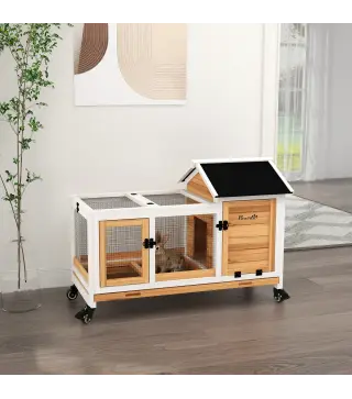 Jaula para Conejos con Ruedas Techo Abatible y Bandeja Extraíble para Interior y Exterior 108x58x73,5 cm Natural