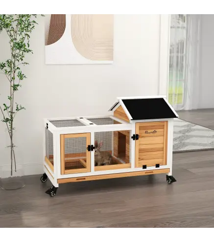 Jaula para Conejos con Ruedas Techo Abatible y Bandeja Extraíble para Interior y Exterior 108x58x73,5 cm Natural