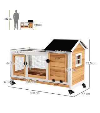 Jaula para Conejos con Ruedas Techo Abatible y Bandeja Extraíble para Interior y Exterior 108x58x73,5 cm Natural
