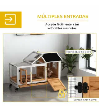Jaula para Conejos con Ruedas Techo Abatible y Bandeja Extraíble para Interior y Exterior 108x58x73,5 cm Natural