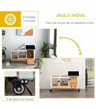 Jaula para Conejos con Ruedas Techo Abatible y Bandeja Extraíble para Interior y Exterior 108x58x73,5 cm Natural