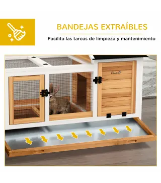 Jaula para Conejos con Ruedas Techo Abatible y Bandeja Extraíble para Interior y Exterior 108x58x73,5 cm Natural