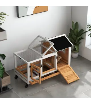 Jaula para Conejos con Ruedas Techo Abatible y Bandeja Extraíble para Interior y Exterior 108x58x73,5 cm Natural