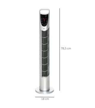 Ventilador de Torre Ventilador Vertical 40W con Mando a Distancia 3 Velocidades Temporizador 7,5h Ø18x78,5 cm Plata