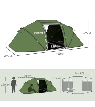 Tienda de Campaña Familiar para 4-6 Personas con 2 Habitaciones y Bolsa de Transporte 430x240x170 cm Verde