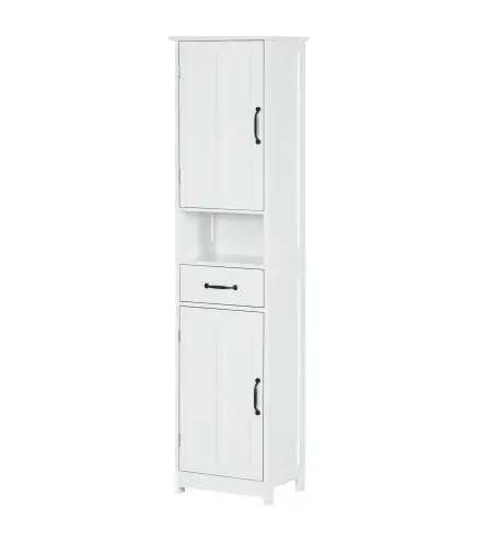 Columna de Baño con 2 Puertas 1 Cajón Estante Abierto y 2 Armarios con Estante Ajustable 40x30x164 cm Blanco