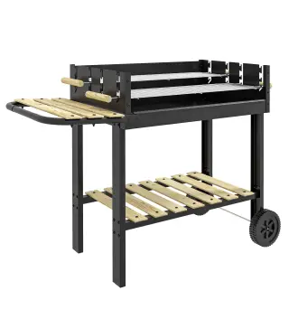 Barbacoa de Carbón 113x53,5x82,5 cm con 2 Parrillas Alturas Ajustables Mesa Lateral, Estante y Ruedas para Jardín Negro
