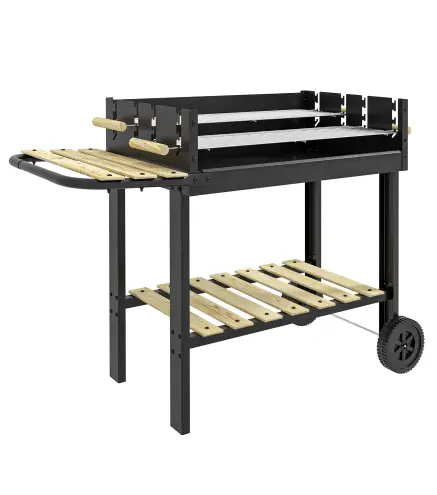 Barbacoa de Carbón 113x53,5x82,5 cm con 2 Parrillas Alturas Ajustables Mesa Lateral, Estante y Ruedas para Jardín Negro