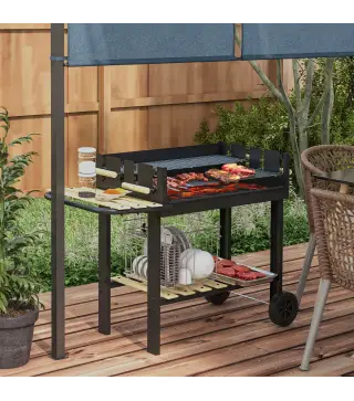 Barbacoa de Carbón 113x53,5x82,5 cm con 2 Parrillas Alturas Ajustables Mesa Lateral, Estante y Ruedas para Jardín Negro