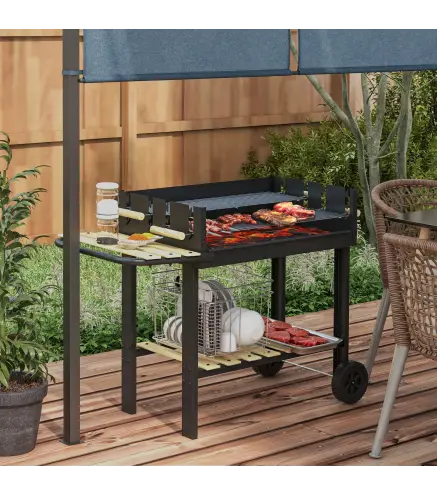 Barbacoa de Carbón 113x53,5x82,5 cm con 2 Parrillas Alturas Ajustables Mesa Lateral, Estante y Ruedas para Jardín Negro