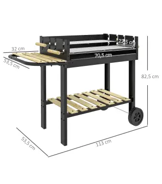 Barbacoa de Carbón 113x53,5x82,5 cm con 2 Parrillas Alturas Ajustables Mesa Lateral, Estante y Ruedas para Jardín Negro