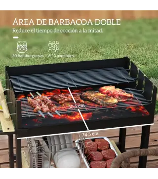 Barbacoa de Carbón 113x53,5x82,5 cm con 2 Parrillas Alturas Ajustables Mesa Lateral, Estante y Ruedas para Jardín Negro