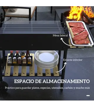 Barbacoa de Carbón 113x53,5x82,5 cm con 2 Parrillas Alturas Ajustables Mesa Lateral, Estante y Ruedas para Jardín Negro