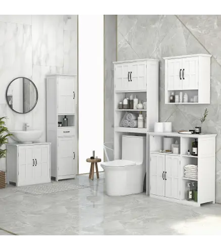 Columna de Baño con 2 Puertas 1 Cajón Estante Abierto y 2 Armarios con Estante Ajustable 40x30x164 cm Blanco