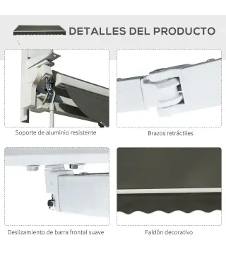 Toldo para Balcón 350x250 cm con Manivela de Metal Impermeable y Anti-UV para Jardín Terraza Ventanas Gris