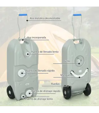 Tanque de Agua Portátil 40 L con Ruedas Manija Metálica y Grifo para Caravanas Autocaravanas y Camping 37x23x80 cm Gris