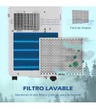 Aire Acondicionado Portátil 10000 BTU 2900W Enfriador Ventilador Deshumidificador 5 en 1 33x28x70,4 cm Blanco
