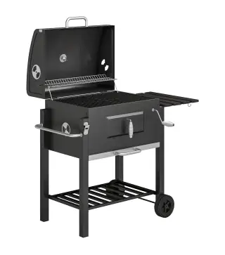 Barbacoa de Carbón con Ruedas Barbacoa con Tapa Parrillas de Acero Inoxidable Termómetro 113x65x108 cm Negro