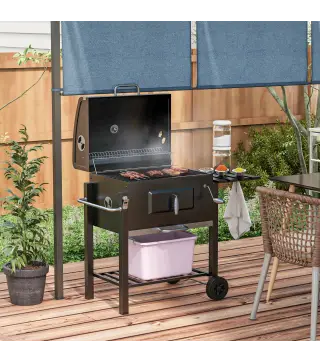 Barbacoa de Carbón con Ruedas Barbacoa con Tapa Parrillas de Acero Inoxidable Termómetro 113x65x108 cm Negro