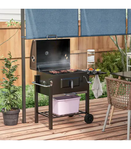 Barbacoa de Carbón con Ruedas Barbacoa con Tapa Parrillas de Acero Inoxidable Termómetro 113x65x108 cm Negro