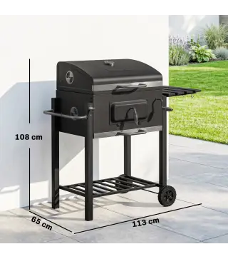 Barbacoa de Carbón con Ruedas Barbacoa con Tapa Parrillas de Acero Inoxidable Termómetro 113x65x108 cm Negro