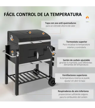 Barbacoa de Carbón con Ruedas Barbacoa con Tapa Parrillas de Acero Inoxidable Termómetro 113x65x108 cm Negro