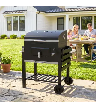 Barbacoa de Carbón con Ruedas Barbacoa con Tapa Parrillas de Acero Inoxidable Termómetro 113x65x108 cm Negro