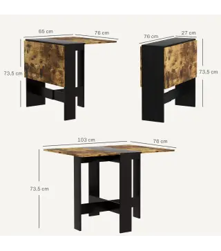 Mesa Plegable de Comedor Mesa de Cocina con Alas Abatibles para Espacio Pequeño 103x76x73,5 cm Negro y Marrón Rústico