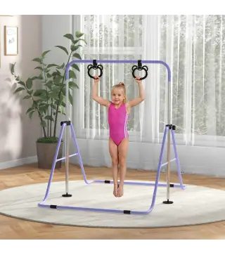 Barra de Gimnasia para Niños Altura Ajustable en 5 Niveles y Anillos Entrenamiento de Gimnasia Plegable en Casa Púrpura