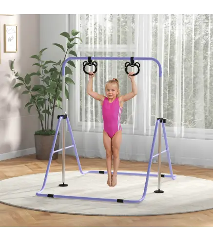 Barra de Gimnasia para Niños Altura Ajustable en 5 Niveles y Anillos Entrenamiento de Gimnasia Plegable en Casa Púrpura