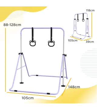 Barra de Gimnasia para Niños Altura Ajustable en 5 Niveles y Anillos Entrenamiento de Gimnasia Plegable en Casa Púrpura